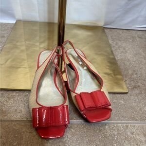 AK Anne Klein iFlex Raffia Slingback Flats Coral Bow Peep Toe Size 6